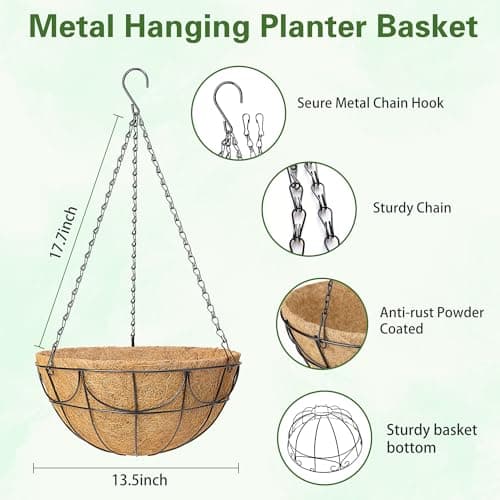 13.5 Inch 3 Pack Hanging Baskets Planters for Outdoor Plants - Wire Hanging Baskets Plant for Plants Outdoor with Coco Liners Minimalist Metal Hanging Pots for Outside Garden Patio Porch Decor - Thumbnail 3