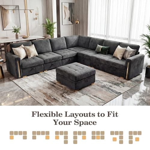 smilesun Oversized Modular Chenille U-Shaped Sectional Sofa with Storage, Convertible Comfy Extra Deep & Wide Seating with Gold Metal Accents & Square Legs for Living Room (Grey) - Thumbnail 5