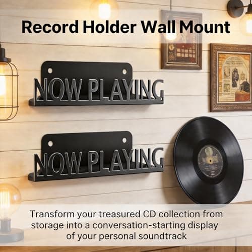 Vinyl Record Stand Wall Mount Album Player Display LP Shelf Black Decoration Vintage Organization for Music Lovers Accessory Hanging Storage Holder Room Steel Gift Ideas Lover Metal (NOW PLAYING) - Thumbnail 4