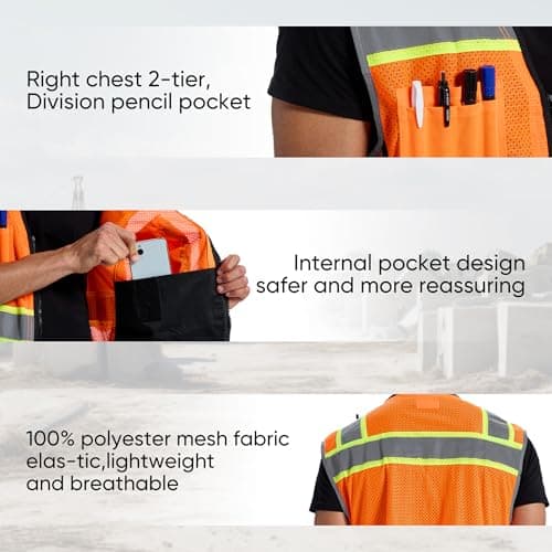 SRsafety High Visibility Vest, Security Vest with 9 Pockets,Mesh Safety Vest for Construction Workers Sanitation Workers - Thumbnail 3