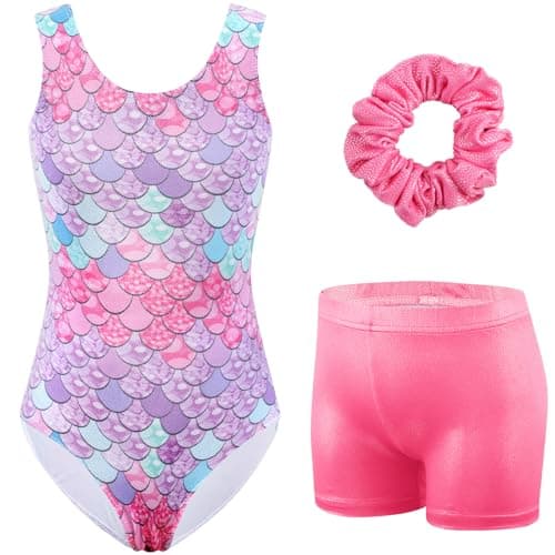 HOZIY Girls Gymnastics Outfit Mermaid Blue Pink Sparkle Bow Back Sleeveless Leotard+Shorts+Scrunchie Activewear Unitard Tumbling Outfits Size 5-6 - Image 1