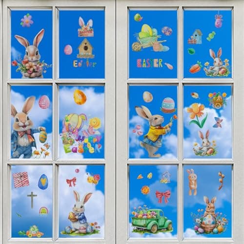 Oeyliz Easter Window Clings Easter Window Stickers Glass Windows Decorations Bunny Eggs Decal 9 Sheets 144PCS Removable Holiday Window Clings Decor for Home Office School Shop - Image 1