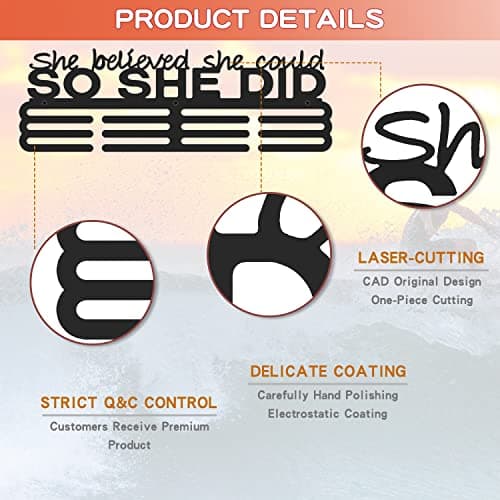 Bliocefo Medals Hanger Display Holder Rack 13.8 inches She Believed She Could Wall Mount Steel Frame Over 60 Medals-Sports Medal Hangers Racks Bib Ribbon with Easy Hanging Bars Black 3 Lines - Thumbnail 4