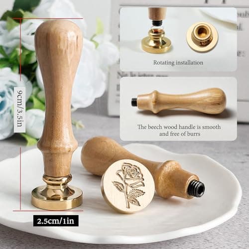 Pilloze Rose Wax Seal Stamp, 3D Embossed Relief Carving Brass Head and Wood Handle for Wax Seal Stamp Kit, Decor for Thanksgiving Card/Envelope/Gift Wrap/Wedding Invitation - Thumbnail 3