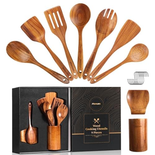 Wooden Spoons for Cooking, 9 PCS Teak Wood Cookware Utensil Set - Smooth Finish, Non-Stick, Comfortable Grip, Heat Resistant Kitchen Utensils Gift Box