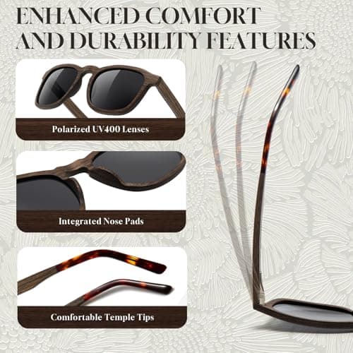 SUNGAIT Men’s Square Wood Sunglasses Classic Natural Red Burl Ebony Walnut Wooden Frame Polarized Lens(Walnut Frame/Grey Lens) - Thumbnail 4
