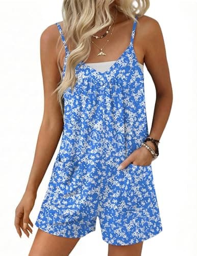 Ekouaer Womens Summer Casual Sleeveless Rompers 2026 Floral Loose Shorts Overalls Adjustable Boho Jumpsuits with Pockets Light Blue Floral Small - Image 1