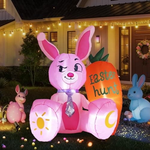 KISSUNY 5.15ft Easter Inflatables Outdoor Decorations Pink Bunny with Orange Carrot Blow Up Yard Decor with Built-in LEDs and Anchor Kit for Easter Egg Hunt Party Garden Lawn Patio Ornament - Image 1
