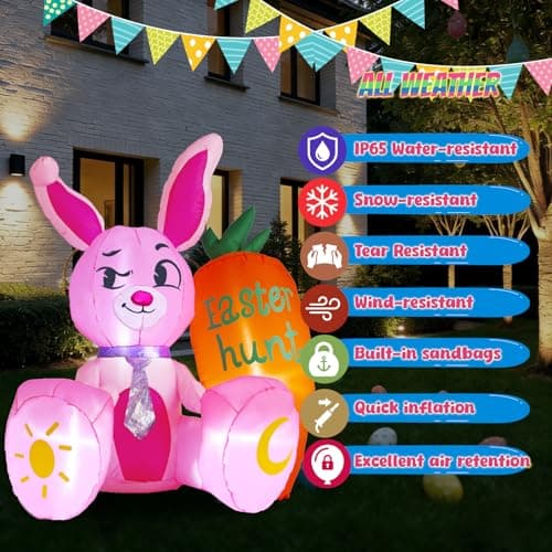 KISSUNY 5.15ft Easter Inflatables Outdoor Decorations Pink Bunny with Orange Carrot Blow Up Yard Decor with Built-in LEDs and Anchor Kit for Easter Egg Hunt Party Garden Lawn Patio Ornament - Thumbnail 3