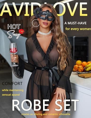 Avidlove Mesh Lingerie Robe Sets for Women Sexy Nightgown Long Sleeve Kimono Ruffle Nighty With Thong （ Black, M - Thumbnail 2