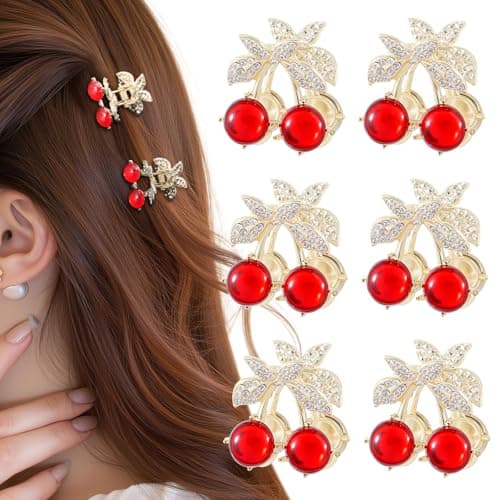 6PCS Rhinestones Cherry Small Hair Clips-Mini Claw Clips for Women, Metal Springs, Cute Hair Accessories for Updo and Half Up Styles (Crystal Cherry)