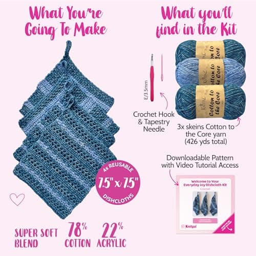 KnitPal Everyday Joy Crochet Kit for Confident Beginners – Make 4 Reusable 7.5 x 7.5 in Dishcloths – with Cotton to The Core Yarn (#3 DK), Hook, Patterns & Video Tutorials (Jean Blue + Sky Blue) - Thumbnail 3