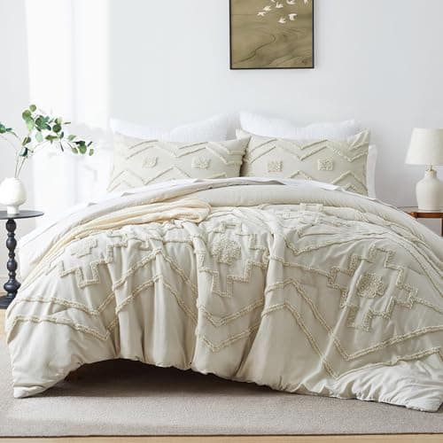 Oli Anderson Boho Tufted Comforter Set King Size, 3 Pcs Soft Jacquard Bedding Set for All Seasons, Shabby Chic Farmhouse Bedding Set with Comforters for All Seasons (Beige, King) - Image 1