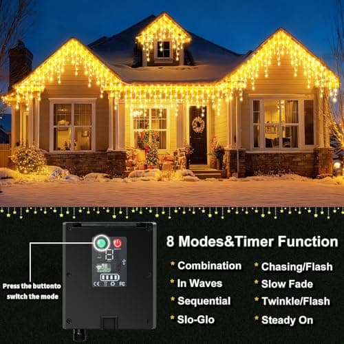 LairtPOW Solar Powered Icicle Lights Outdoor Christmas - 660LED 66+16FT Icicle String Lights with Remote, 8 Modes, Timer, IP65 Waterproof. Rechargeable Battery for Porch, Roof, Xmas (Warm White) - Thumbnail 5