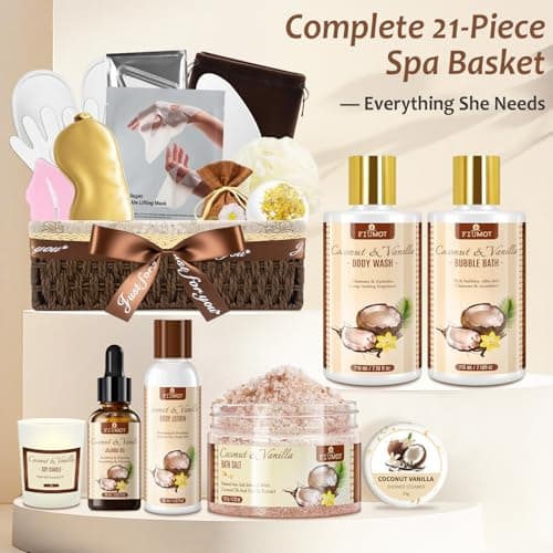 Bath and Body Gift Basket Set for Women - Coconut Vanilla Spa Gift Basket - Premium 21‑Piece Luxury Bath & Body Gift Set for Self Care - Gift ready for Valentines Birthday Gifts - Thumbnail 4