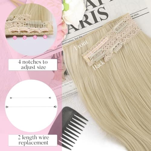 Invisible Wire Hair Extensions with Transparent Wire Adjustable Size 4 Secure Clips Long Wavy Secret Hairpiece 20 Inch for Women(Platinum Blonde) - Thumbnail 2