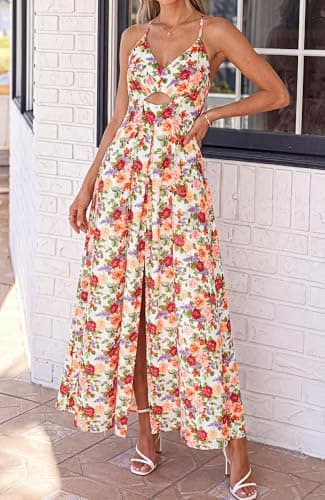 BTFBM Summer Dresses for Women 2026 Spring Floral Spaghetti Strap Smocked Cutout Maxi Dress Resort Beach Vacation Outfit(Floral White Multi, Small) - Thumbnail 4