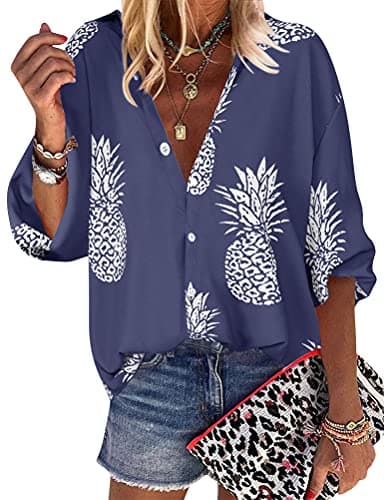 ZXZY Women Pineapple Printed Lapel Collar Half Sleeves Buttons Down Blouse Shirt (Blue, Medium) - Image 1