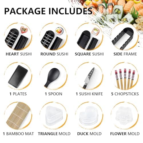 HI NINGER Sushi Maker Set, 24-piece sushi maker kit for beginners to make their own sushi. Can be used as a sushi plate with rice roll molds, knife, sushi plate,sushi rolling mat (Black) - Thumbnail 2