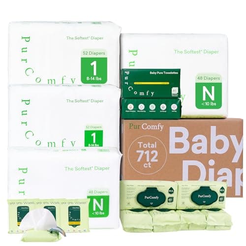 PurComfy Baby Diapers Essential Kit, Size N (96Ct) & Size 1 Diapers (104Ct), 6 Water Wipes (360Ct), 4 Travel Wipes (32Ct) and 2 Dry Wipes(120Ct), Baby Essentials Kit for Sensitive Skin, Total 712 Ct - Image 1