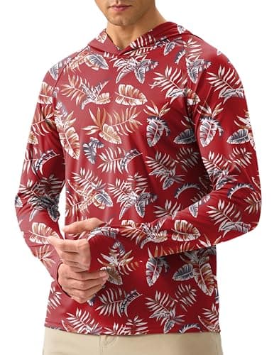 Pudolla Men's Sun Protection Hoodie Shirts UPF 50+ Rash Guard SPF Long Sleeve Fishing Shirt for Men Swim Hiking Boating(Red Leaf X-Large) - Image 1