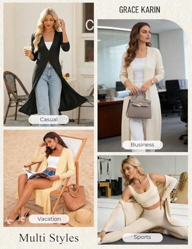 GRACE KARIN Womens Long Cardigan Trendy, Lightweight Knit Dusters Coat, V Neck Button Up Sweater Maxi Dress Beige 2XL - Thumbnail 6