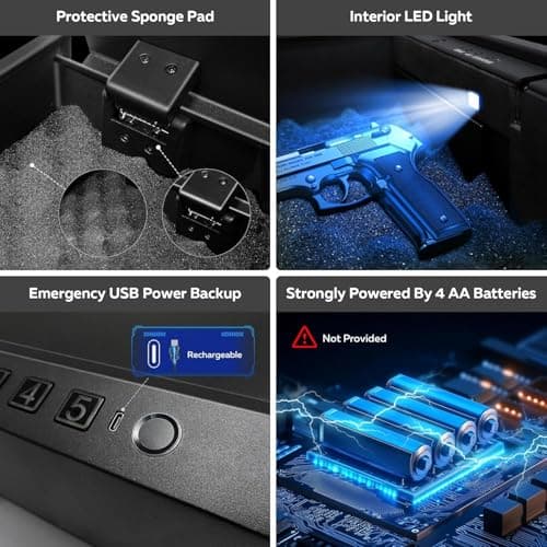 Biometric Gun Safe for Handgun 3-Ways unlock Fingerprint Digital PIN Key Unlock Pistol Safe with Security Cable Gun Lock Box With Interior Light For Nightstand Car & Home Security - Thumbnail 4