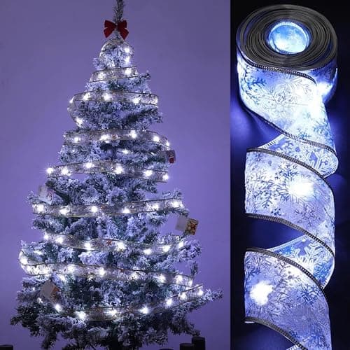 Christmas Tree Decorations Ribbon Lights, 32ft 100 LED String Lights, Battery-Powered Copper Wire Christmas Tree Ribbon Lights for Holiday Party Weddings Indoor Christmas Tree Decorations (Silver) - Image 1