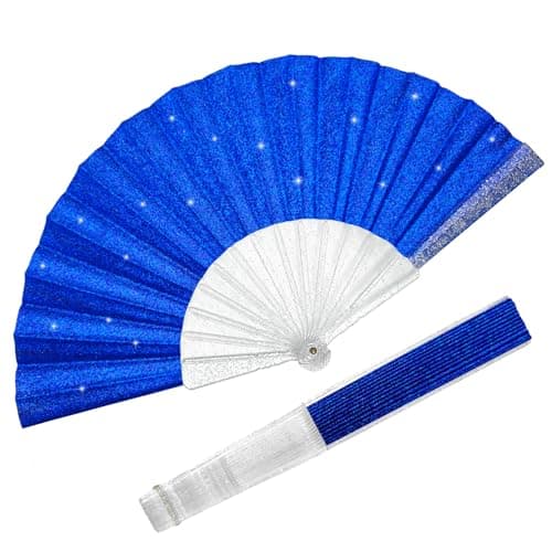 EOSAU Glitter Folding Hand Fans for Women Foldable Handheld Clack Fans for line Dancing, Wedding, Church, Festival, EDM, Party, Club, Rave Accessories (9" Blue 02) - Image 1