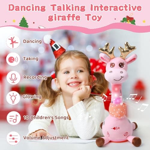 Dancing Talking Giraffe with Golden Antlers Toy, Stuffed Animal Baby Toy Repeating What You Say, Glowing Musical Electronic Giraffe with Golden Anlters Easter Gifts for Toddlers 1-3 Years Old (pink) - Thumbnail 3