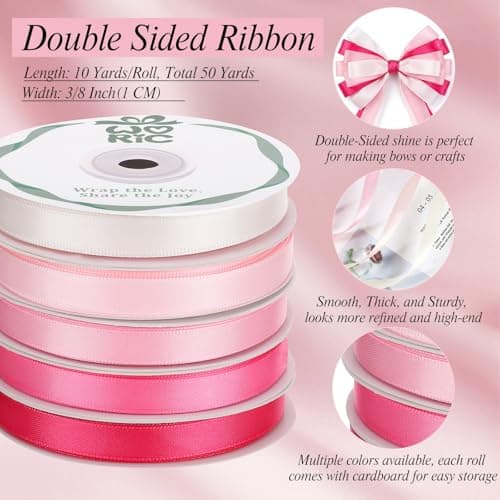 woric Double Faced Pink Satin Ribbon 3/8 Inch x 5 Rolls Total 50 Yards, 10 Yd/Roll Craft Thin Ribbon for Easter Gifts Decorations Flower Bouquet Gift Wrapping Hair Bows Baby Bridal Shower Wedding - Thumbnail 3