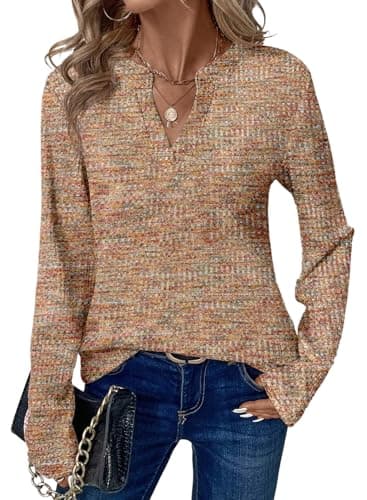 Dokotoo Shirts for Women Long Sleeve Tops for Women Trendy Spring 2026 Fashion Clothing V Neck T Shirts Henley Top Business Casual Outfits Ladies Tops and Blouses Golded Apricot Shirts S - Image 1