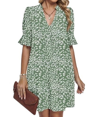 AUSELILY Vacation Dresses for Women V Neck Ruffle Short Sleeve Casual Shift Dress, Olive Green Leaves XL - Image 1
