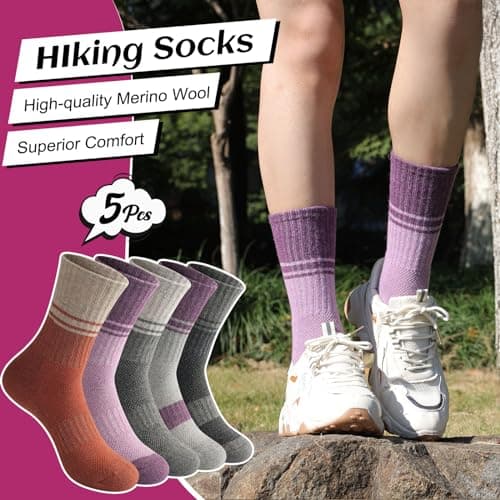 Juedverty Merino Wool Socks For Women Hiking Winter Boot Thermal Warm Thick Cushion Cozy Work Crew Socks 5 Pairs - Thumbnail 3