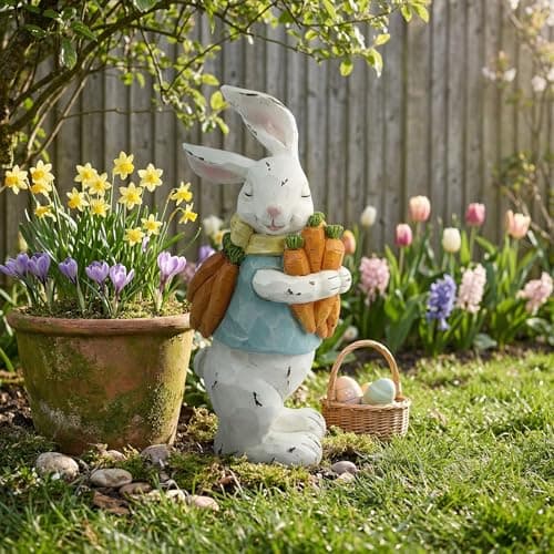 GoGnome Easter Decorations Bunny Resin Figurine with Carrots – 9.3'' Hand-Painted Rabbit Outdoor Statue, Spring Farmhouse Garden Decor for Easter, Mantel, Shelf, or Gift (White/Blue/Orange) - Image 1