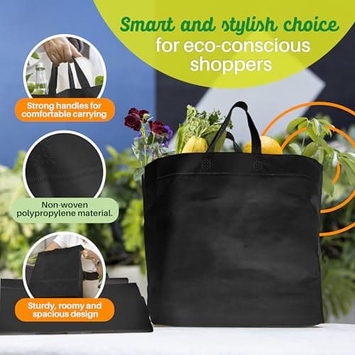 Simply Cool 50 Pack Black Reusable Eco-Friendly Grocery Shopping Bags 12.6"x6.3"x11.8" Durable, Recyclable Shopping Bags Washable, Foldable, Portable Tote Bags Bulk - Thumbnail 4