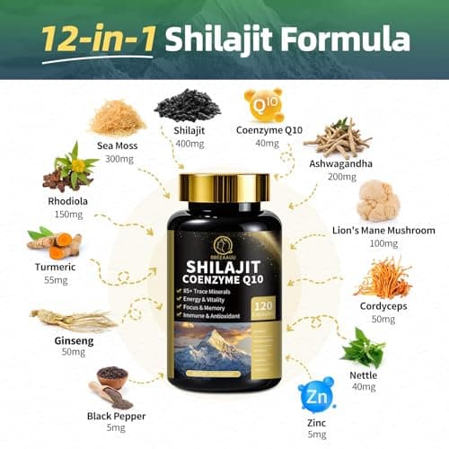 Shilajit for Men, Sea Moss and Shilajit Bundle, All in 1 Supplements with Coenzyme Q10, Black Seed, Ashwagandha, Taurine, Burdock for Energy, Endurance, Antioxidant & Immune Support, 240 Capsules - Thumbnail 4