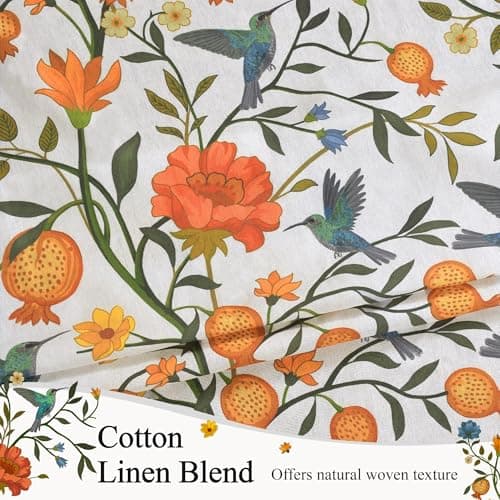 JOOJA Bird Floral Curtains 2 Panels 63 Inches Long Vintage Boho Patterned White Whimsical Living Room Colorful Linen Blend Printed Window Curtains for Bedroom Kitchen - Thumbnail 3