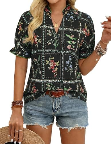 GRACE KARIN Womens Boho Summer Tops,V Neck Short Sleeve Blouses Casual,Floral Print Cotton Shirts Beach Vacation Clothes 2026, Black Plaid, XX-Large - Image 1