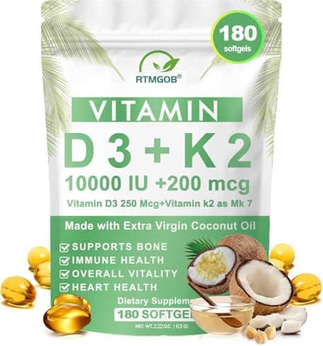 RTMGOB Vitamin D3 K2 Supplement,Vitamin D3 10,000 IU + K2 MK-7 200 mcg Virgin Coconut Oil Softgels,Immune,Teeth & Bone Health Extra Strength,Non-GMO, Gluten Free-Easy to Swallow-180 Softgels - Image 1