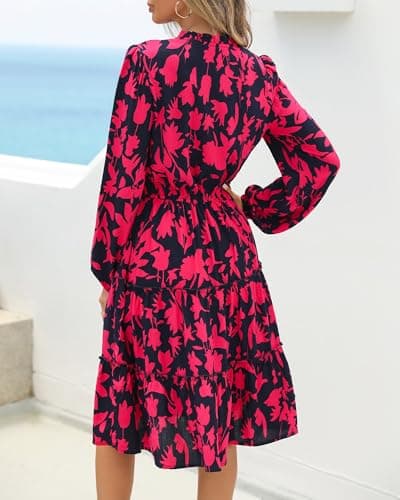 BTFBM Women Fall Dresses 2025 Floral V Neck Long Sleeve Tiered Ruffle Boho Swing Flowy A-Line Mini Dresses Vacation(Navy Rose Red Floral,XX-Large) - Thumbnail 5