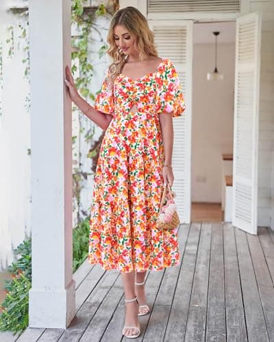 BTFBM Women's Clothing Spring Summer Dresses 2026 Beach Vacation Short Sleeve Smocked Back Boho Casual Floral Maxi Dress(Floral White Red, Medium) - Thumbnail 2