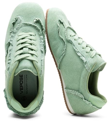 Vepose Women's Fashion Sneakers, Casual Dressy Square Toe Lace Detail Retro Tennis Shoes, Comfortable Lightweight Walking 8205 Trainers, Green Suede, Size 11 US(CJY8205 greenpu 11) - Image 1
