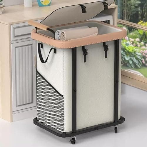 40 Gal (150L) Laundry Hamper with Lid, Leather Patchwork Laundry Basket with Rolling Lockable Wheels and Handle, Laundry Basket Organizer for Laundry Room, Bedroom and Bathroom,Laundry Room - White - Image 1