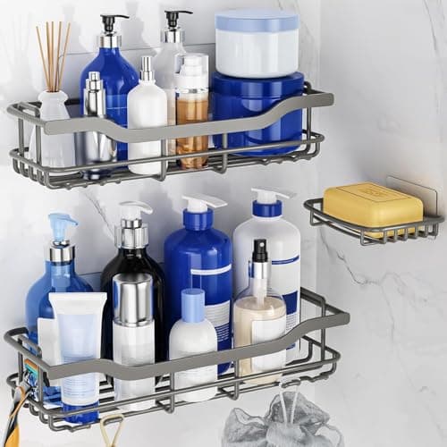 OMAIRA 3-Pack Shower Caddy with Soap Holder, Adhesive Rustproof No-drill Strudy Loading Inside Shower Organizer Shelves Rack Storage Bathroom Organization for Smooth Wall Glass Tile, Grey (X-Large) - Image 1