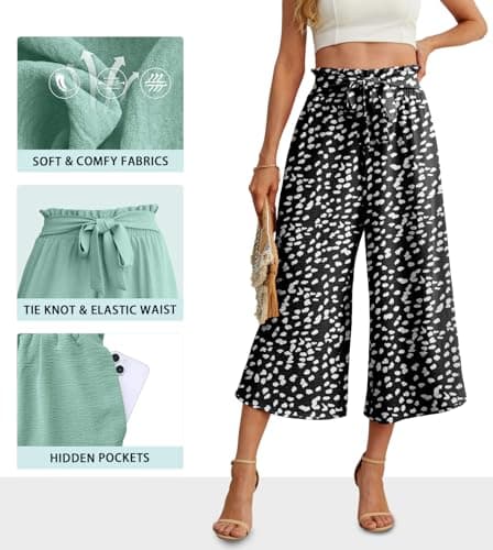 IWOLLENCE Women Flowy Loose Wide Leg Pant Summer Beach Casual Trousers high Waist Adjustable Knot Business Work Casual Pants LD Black Large - Thumbnail 4