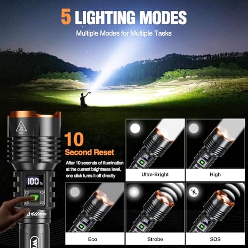WdtPro Rechargeable LED Flashlights High Lumens, Super Bright 90000LM Rechargeable Flashlight with LCD Display, 5 Modes & Waterproof Powerful 10000mAh Handheld Flashlight for Camping Emergency - Thumbnail 5