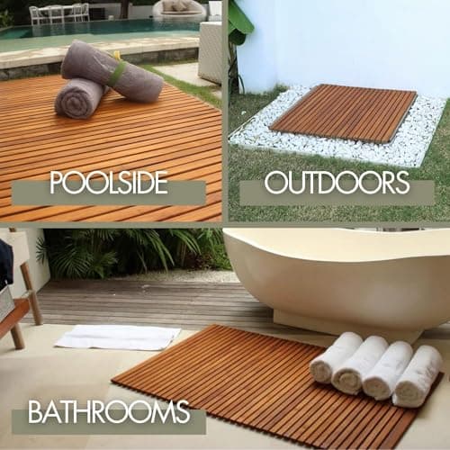 Nordic Teak 100% Solid Teak Wood String Mat - Indoor and Outdoor Use - Non-Slip Wooden Platform for Sauna, Pool, Hot Tub Flooring Decor and Protector (Oiled Finish w/Front Slabs, 31.4" x 19.6") - Thumbnail 5