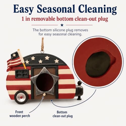 Hanging Bird House for Outside, Hand-Painted Patriotic Camper Birdhouse, Resin American Flag Bird House with Cleaning Plug, Outdoor Garden Decor for Yard, Patio, Porch, Tree, Gift for Bird Lovers - Thumbnail 5