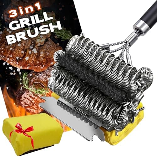 YEBLEM 3-in-1 Grill Brush and Scraper with 2 Sponges, 18" Heavy Duty Stainless Steel Bristle BBQ Cleaner, Heat Resistant Barbecue Grilling Tool, Ideal Outdoor Gift for Men & Dad (Black) - Image 1